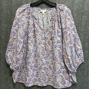 J Jill Love Linen Top Womens XL Blue Floral Boho Peasant Beach Coastal Vacation